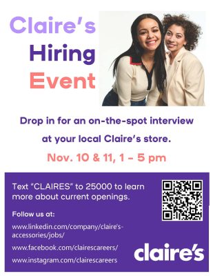 Hiring Event Poster 11 10 22 Claires